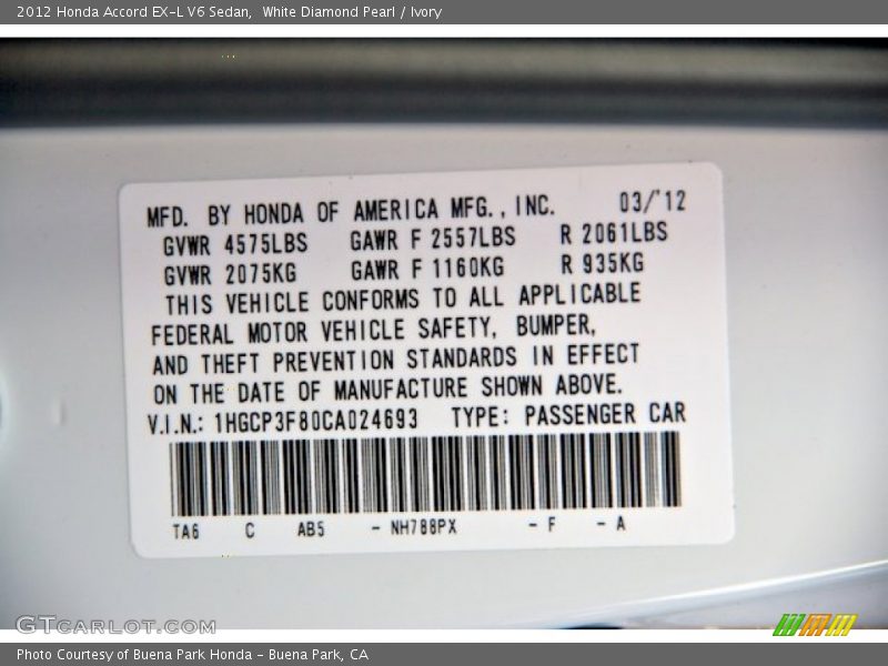 White Diamond Pearl / Ivory 2012 Honda Accord EX-L V6 Sedan