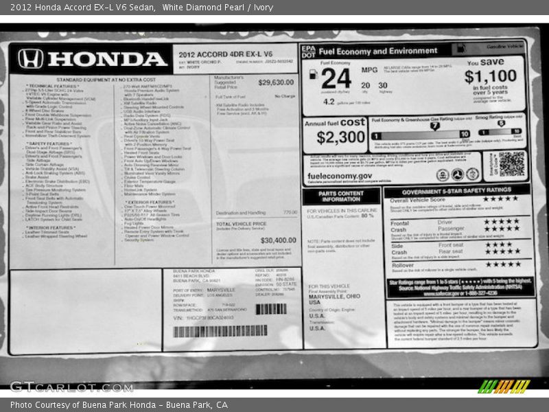 White Diamond Pearl / Ivory 2012 Honda Accord EX-L V6 Sedan