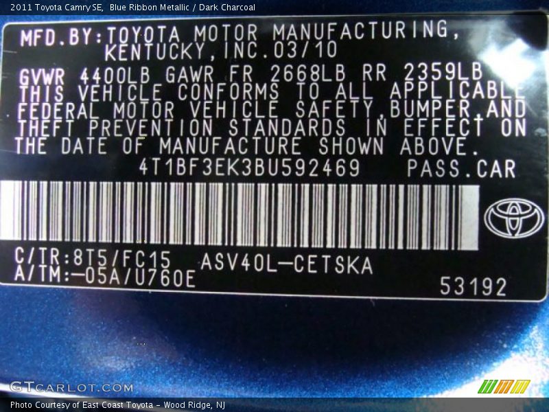 Blue Ribbon Metallic / Dark Charcoal 2011 Toyota Camry SE