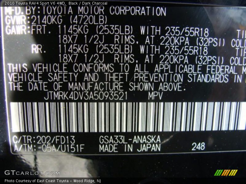 Black / Dark Charcoal 2010 Toyota RAV4 Sport V6 4WD