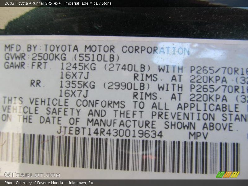 Imperial Jade Mica / Stone 2003 Toyota 4Runner SR5 4x4