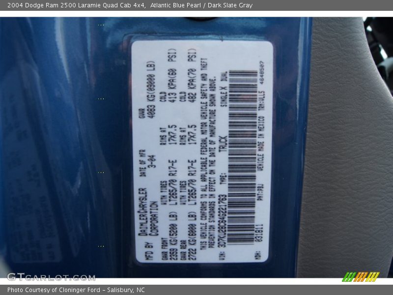 2004 Ram 2500 Laramie Quad Cab 4x4 Atlantic Blue Pearl Color Code PBJ