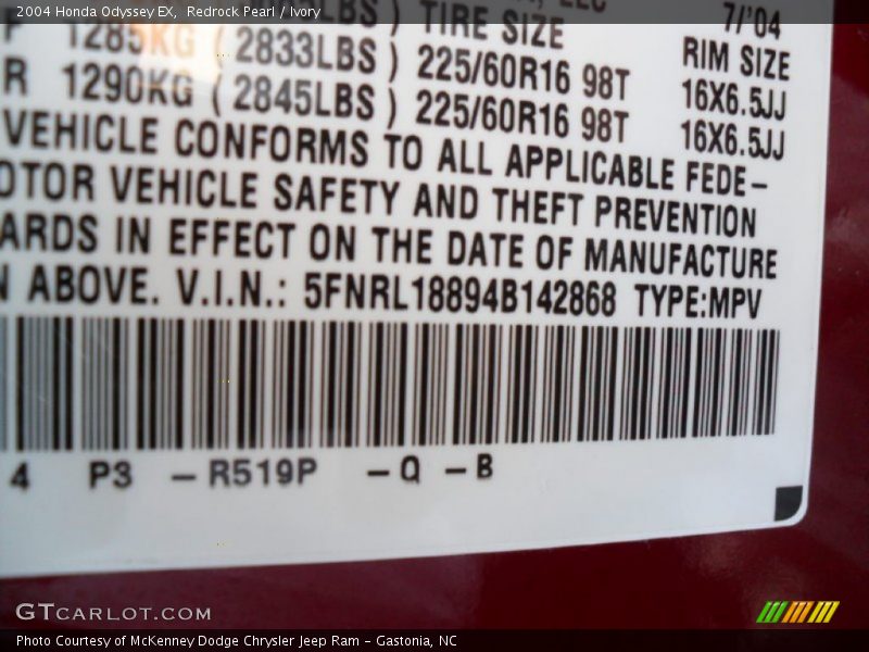 2004 Odyssey EX Redrock Pearl Color Code R519P