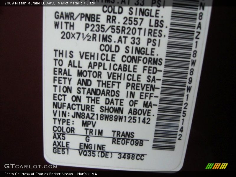 Merlot Metallic / Black 2009 Nissan Murano LE AWD