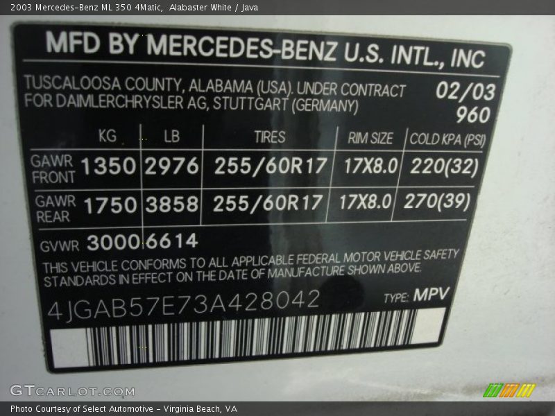 Alabaster White / Java 2003 Mercedes-Benz ML 350 4Matic