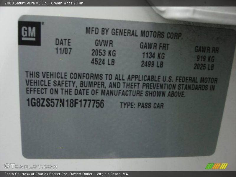 Cream White / Tan 2008 Saturn Aura XE 3.5