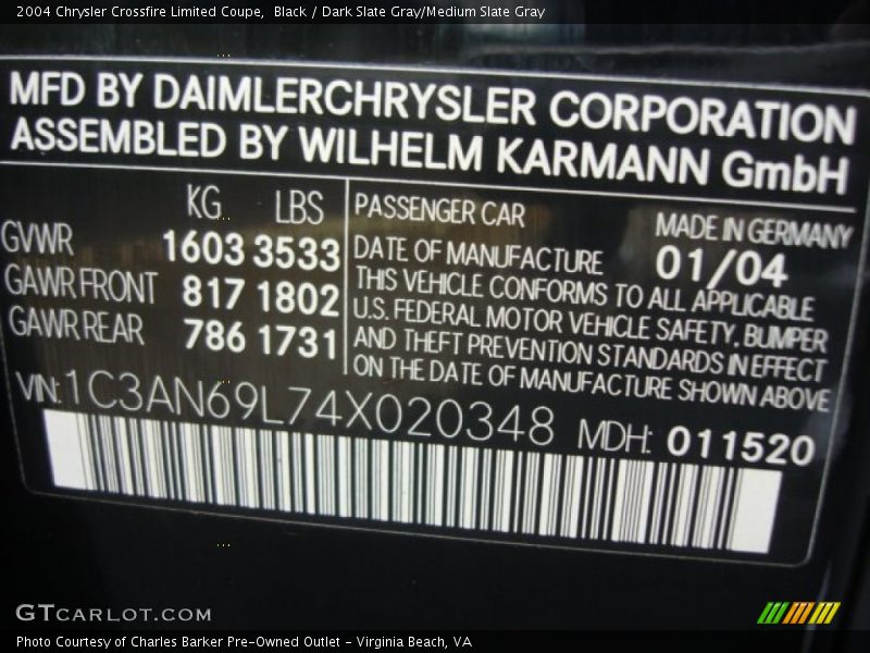Black / Dark Slate Gray/Medium Slate Gray 2004 Chrysler Crossfire Limited Coupe