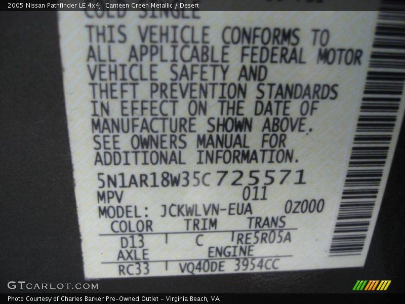 Canteen Green Metallic / Desert 2005 Nissan Pathfinder LE 4x4