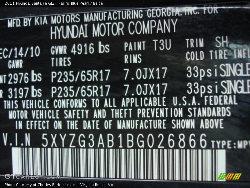 Pacific Blue Pearl / Beige 2011 Hyundai Santa Fe GLS