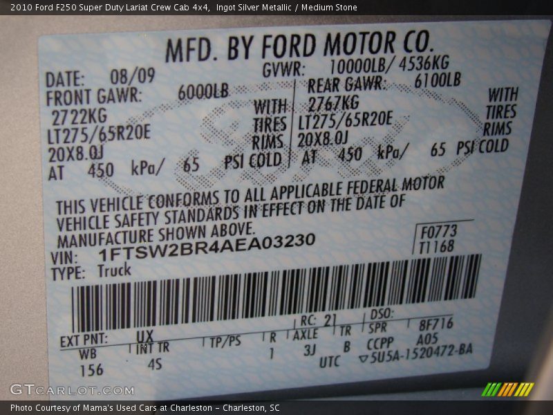 Ingot Silver Metallic / Medium Stone 2010 Ford F250 Super Duty Lariat Crew Cab 4x4