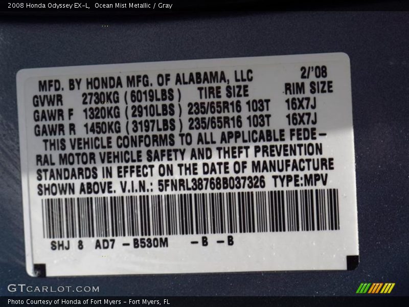 Ocean Mist Metallic / Gray 2008 Honda Odyssey EX-L