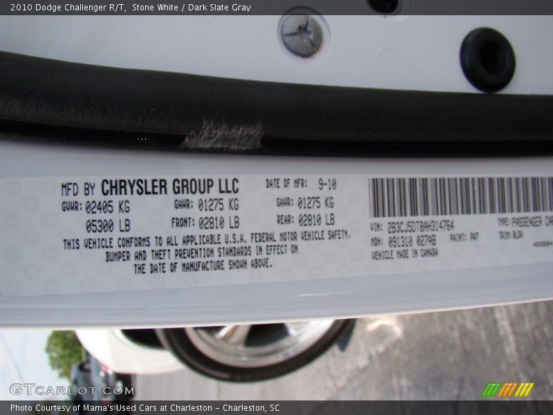 2010 Challenger R/T Stone White Color Code PW7