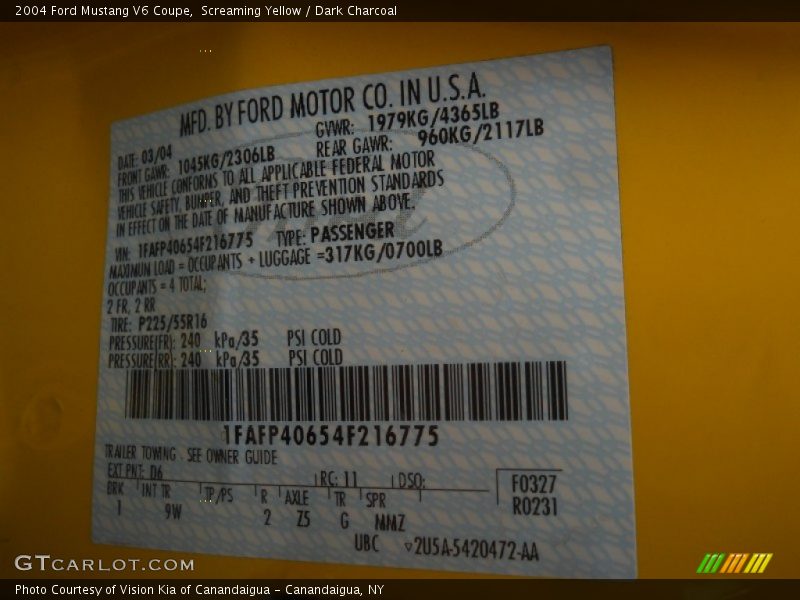 2004 Mustang V6 Coupe Screaming Yellow Color Code D6