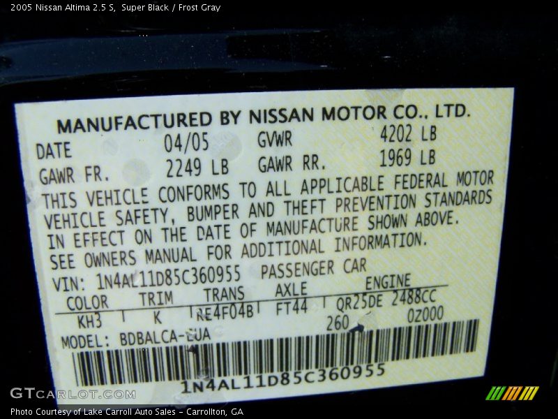 Super Black / Frost Gray 2005 Nissan Altima 2.5 S