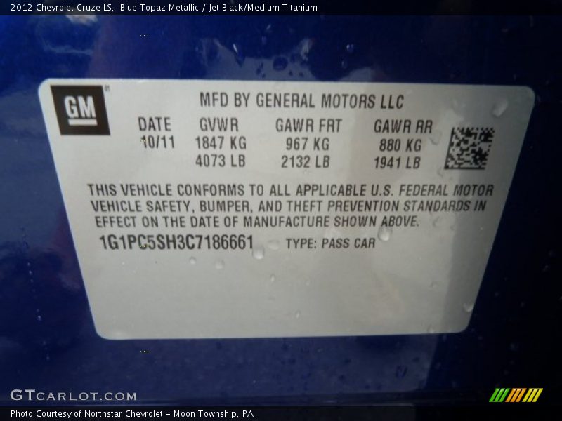 Blue Topaz Metallic / Jet Black/Medium Titanium 2012 Chevrolet Cruze LS