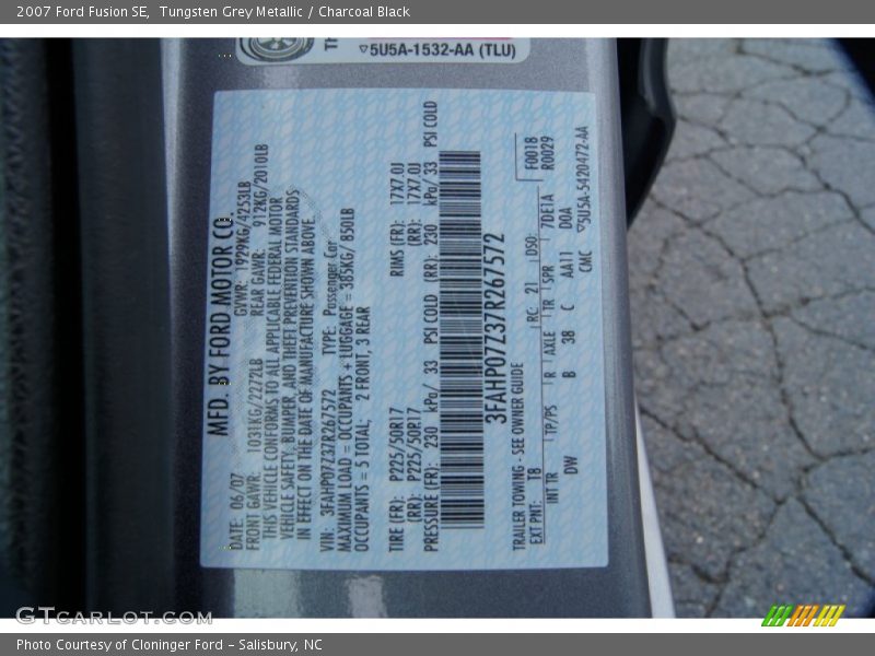 Tungsten Grey Metallic / Charcoal Black 2007 Ford Fusion SE