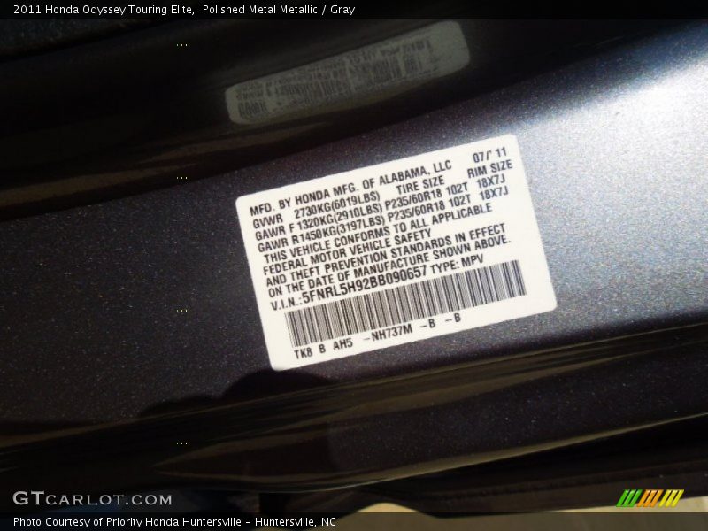 Polished Metal Metallic / Gray 2011 Honda Odyssey Touring Elite