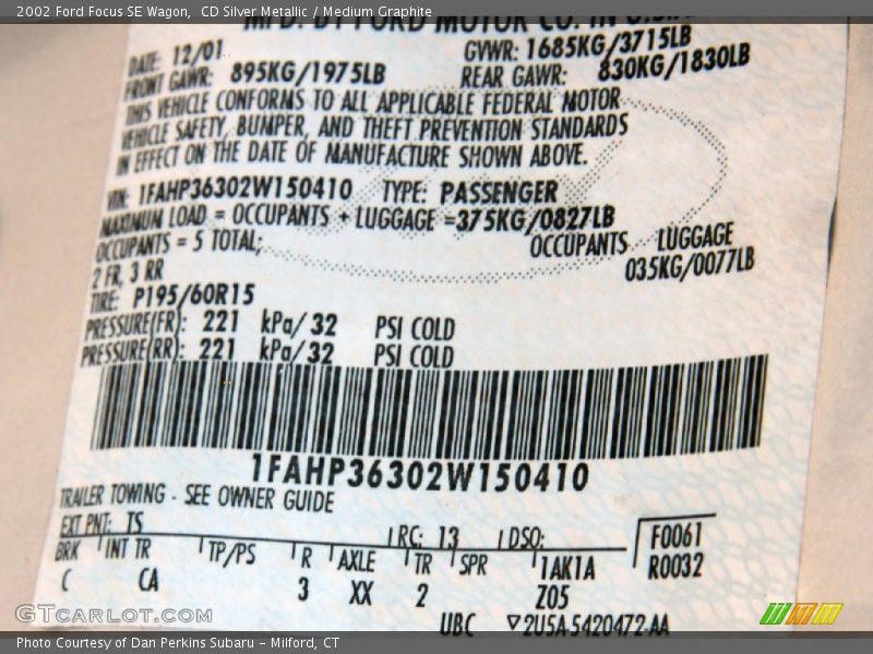 2002 Focus SE Wagon CD Silver Metallic Color Code TS