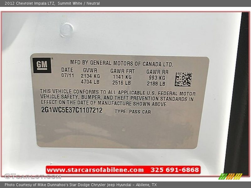 Summit White / Neutral 2012 Chevrolet Impala LTZ