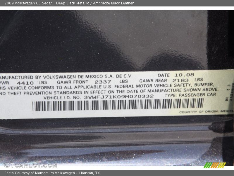 Deep Black Metallic / Anthracite Black Leather 2009 Volkswagen GLI Sedan