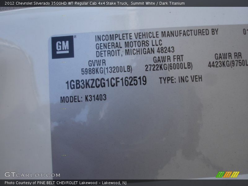 Summit White / Dark Titanium 2012 Chevrolet Silverado 3500HD WT Regular Cab 4x4 Stake Truck