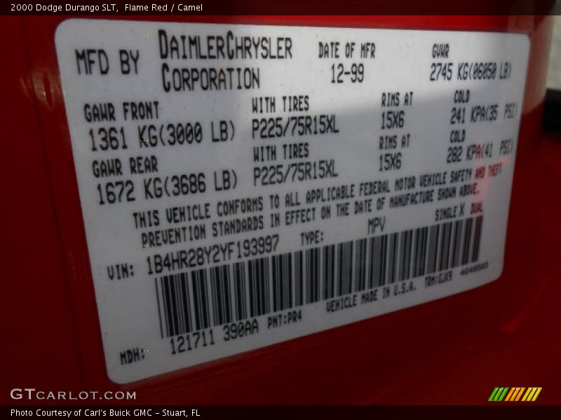 Flame Red / Camel 2000 Dodge Durango SLT