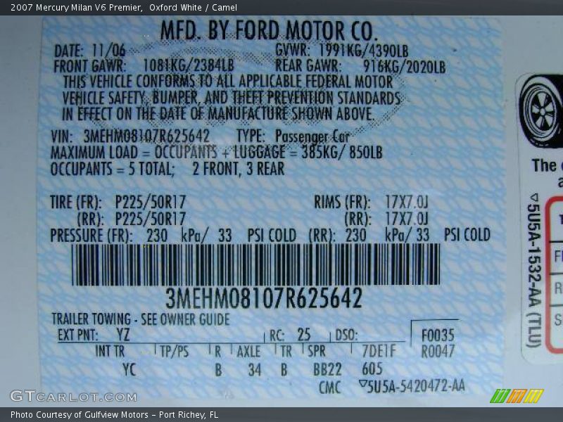Oxford White / Camel 2007 Mercury Milan V6 Premier