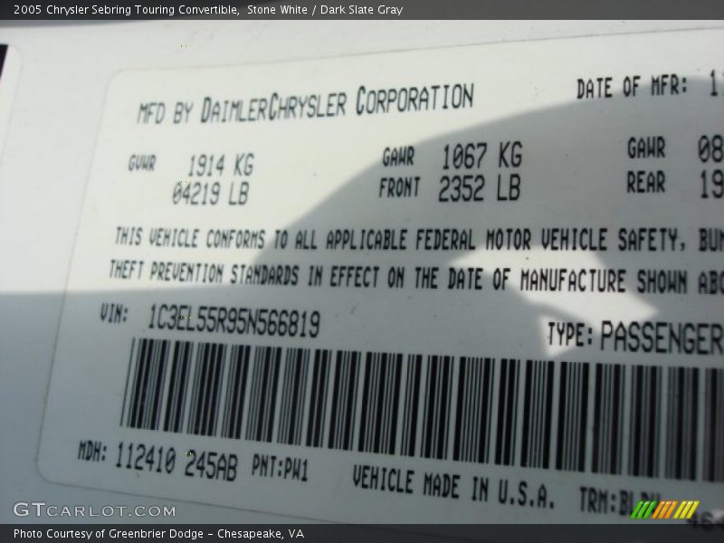 Stone White / Dark Slate Gray 2005 Chrysler Sebring Touring Convertible