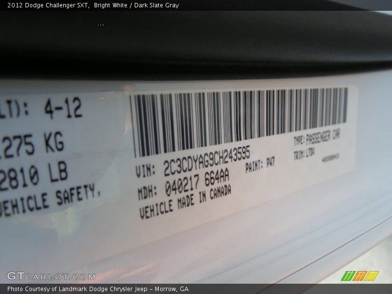 Bright White / Dark Slate Gray 2012 Dodge Challenger SXT
