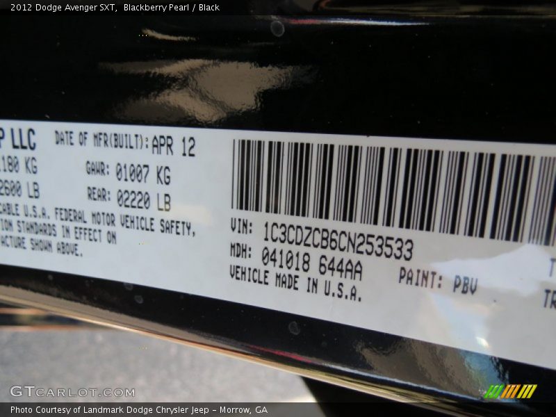 Blackberry Pearl / Black 2012 Dodge Avenger SXT