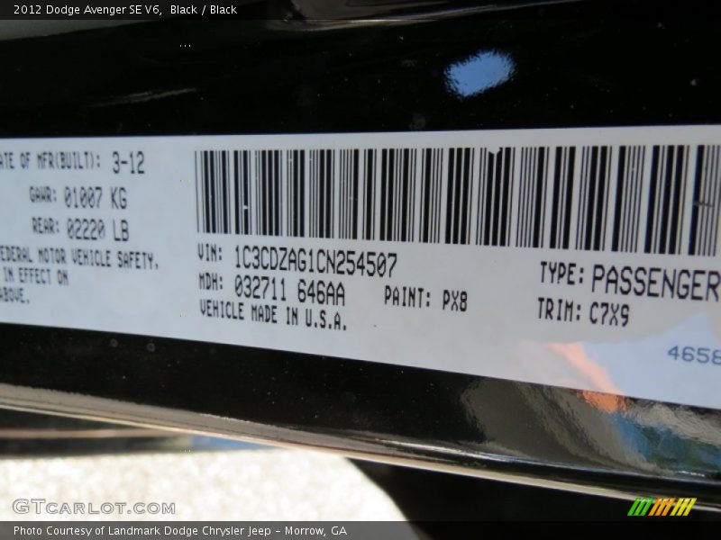 2012 Avenger SE V6 Black Color Code PX8