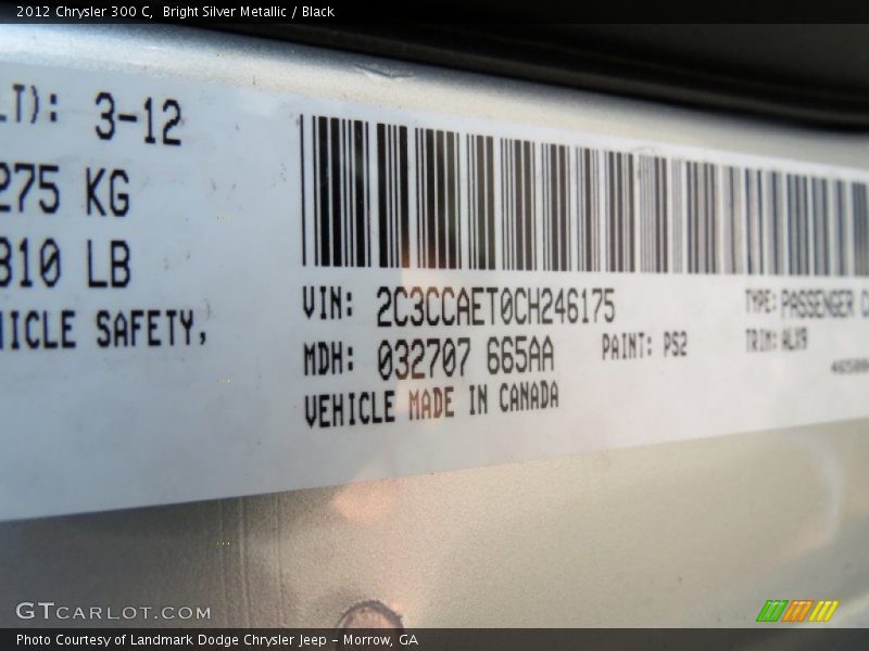 Bright Silver Metallic / Black 2012 Chrysler 300 C