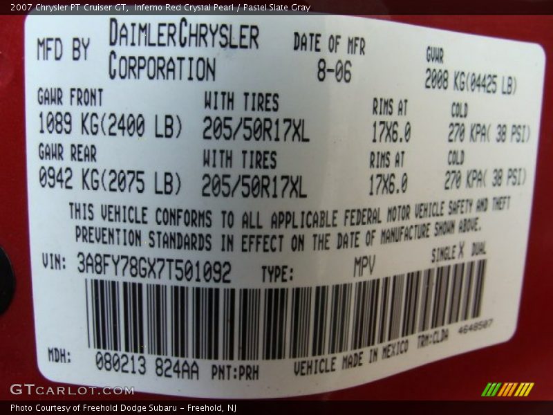 2007 PT Cruiser GT Inferno Red Crystal Pearl Color Code PRH