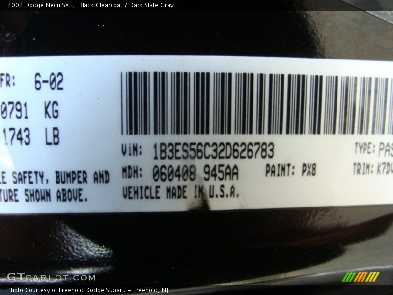 Black Clearcoat / Dark Slate Gray 2002 Dodge Neon SXT