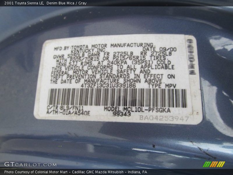 2001 Sienna LE Denim Blue Mica Color Code 8L9