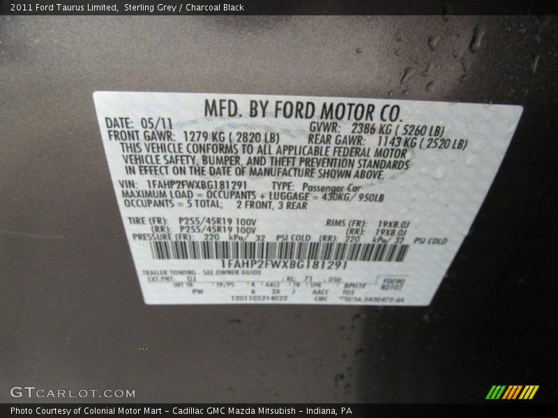 Sterling Grey / Charcoal Black 2011 Ford Taurus Limited