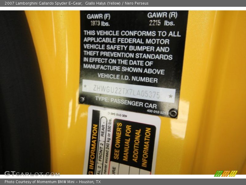 Info Tag of 2007 Gallardo Spyder E-Gear