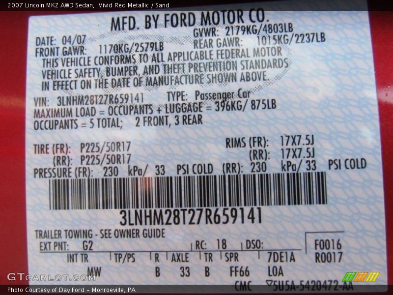 Vivid Red Metallic / Sand 2007 Lincoln MKZ AWD Sedan