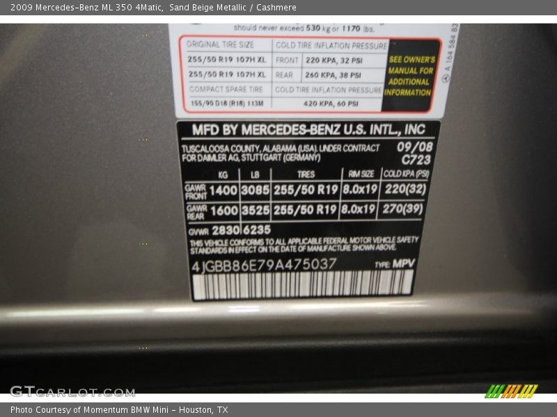 Sand Beige Metallic / Cashmere 2009 Mercedes-Benz ML 350 4Matic