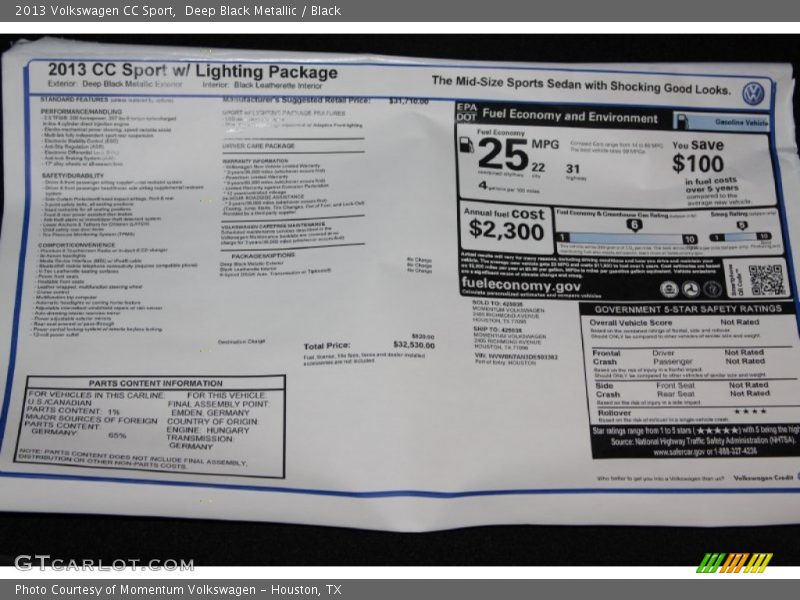 Deep Black Metallic / Black 2013 Volkswagen CC Sport