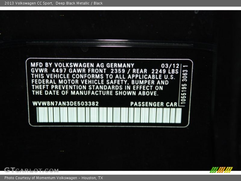 Deep Black Metallic / Black 2013 Volkswagen CC Sport