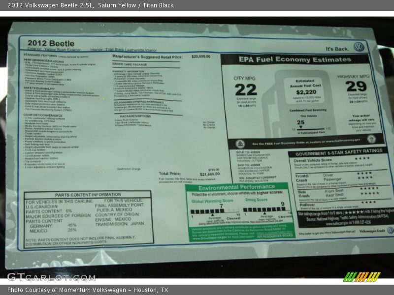 Saturn Yellow / Titan Black 2012 Volkswagen Beetle 2.5L