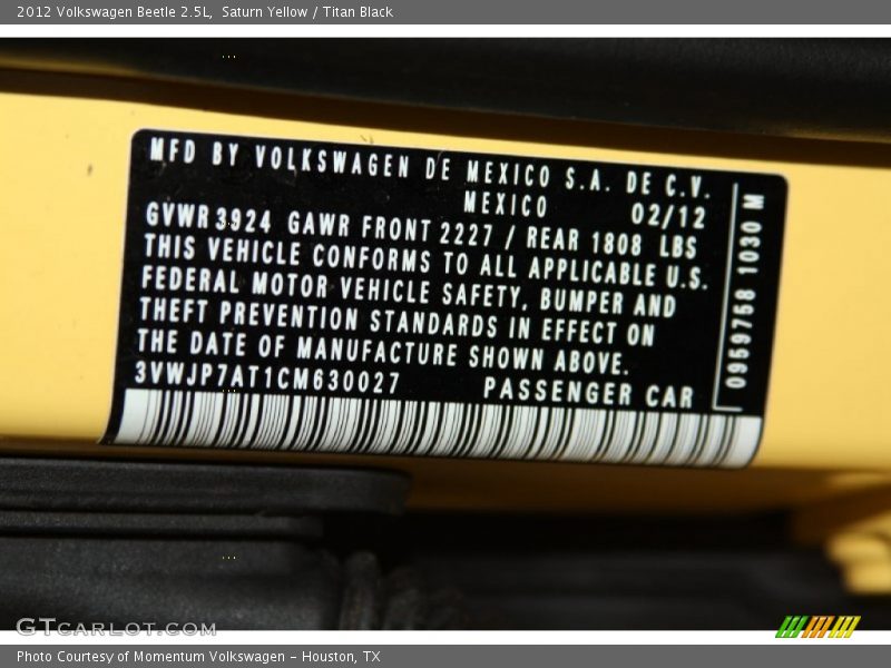 Saturn Yellow / Titan Black 2012 Volkswagen Beetle 2.5L