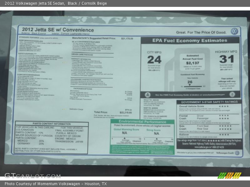 Black / Cornsilk Beige 2012 Volkswagen Jetta SE Sedan