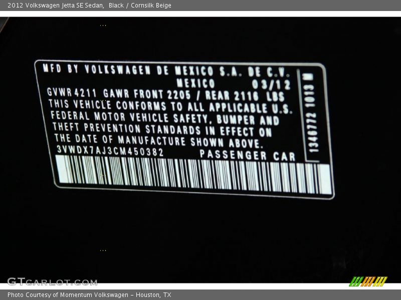 Black / Cornsilk Beige 2012 Volkswagen Jetta SE Sedan