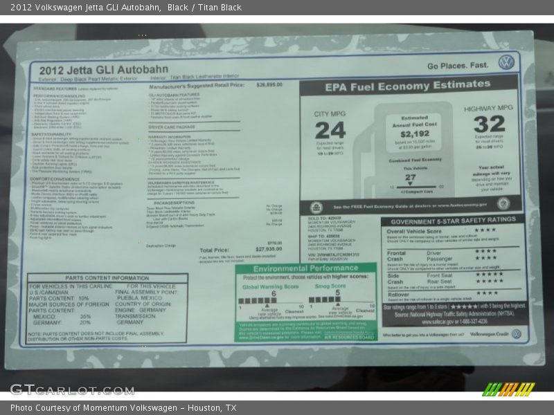  2012 Jetta GLI Autobahn Window Sticker