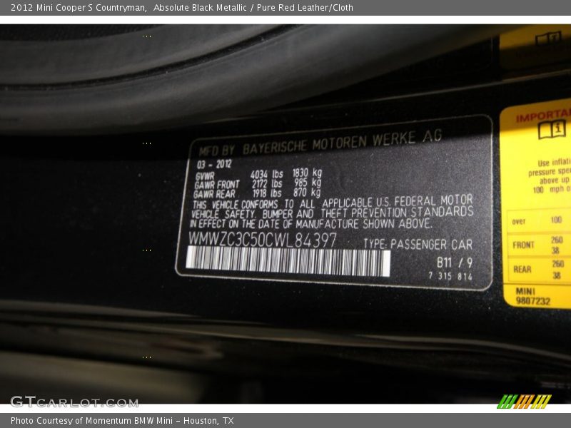 Absolute Black Metallic / Pure Red Leather/Cloth 2012 Mini Cooper S Countryman