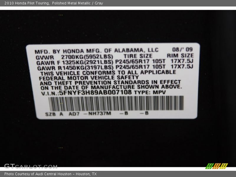 Polished Metal Metallic / Gray 2010 Honda Pilot Touring