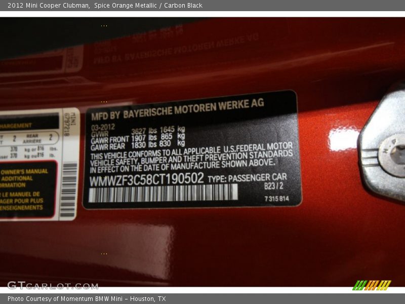 Spice Orange Metallic / Carbon Black 2012 Mini Cooper Clubman