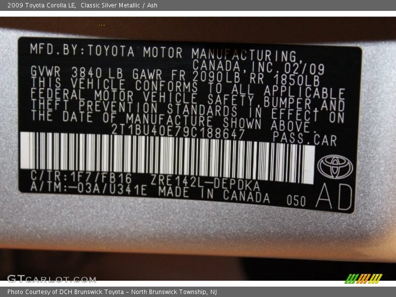 Classic Silver Metallic / Ash 2009 Toyota Corolla LE